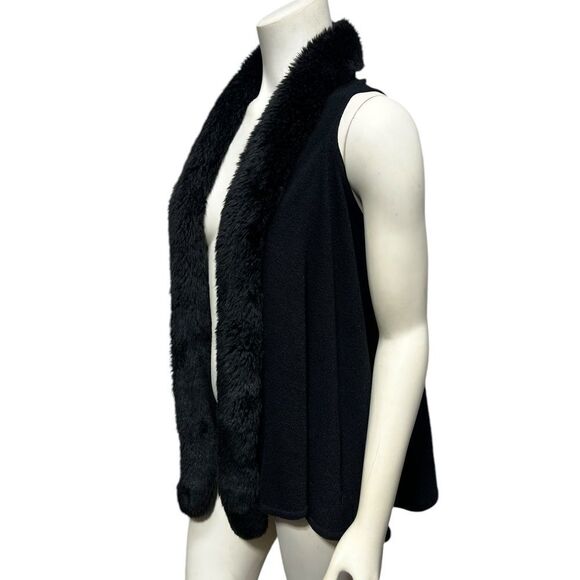 Joseph Ribkoff Fur Trim Sleeveless Cardigan Vest Black Open Sweater Fall Winter - Picture 3 of 7